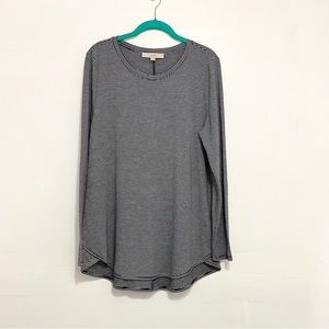LOFT Women Strip Crew Neck Pullover Top Navy Blue Stretch Long Sleeve Size Large